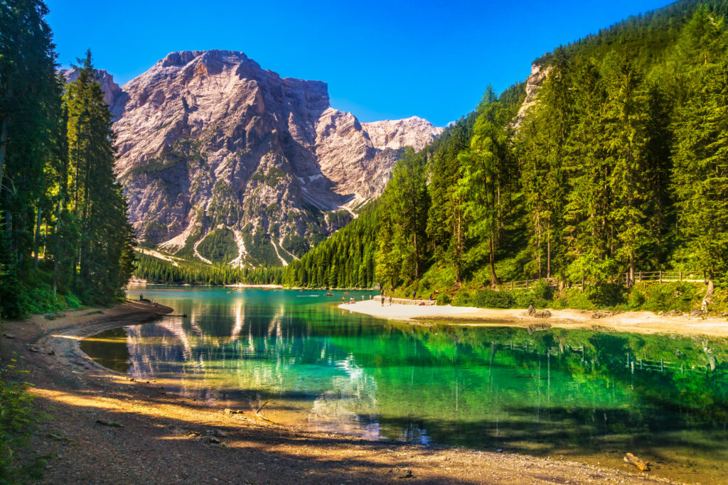 Braies or Prags lake and Dolomites mountains