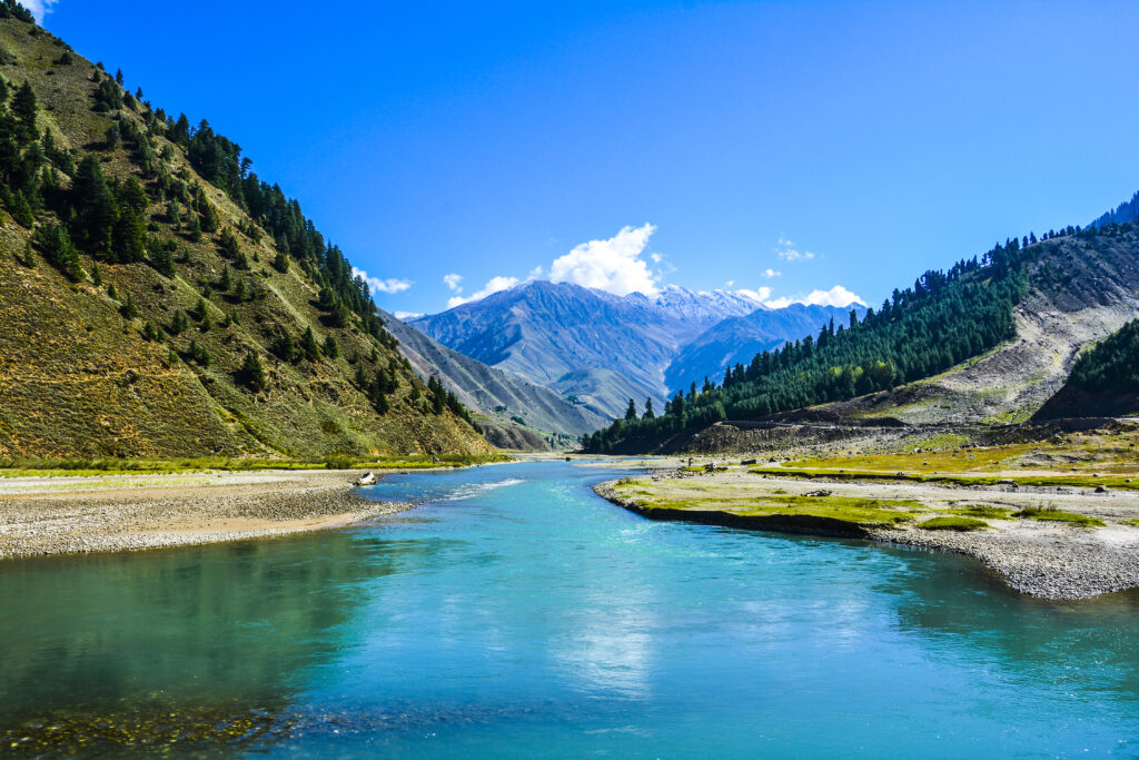 Beautiful scene of Kunhar river & mountains in Naran Kaghan Valley, Pakistan