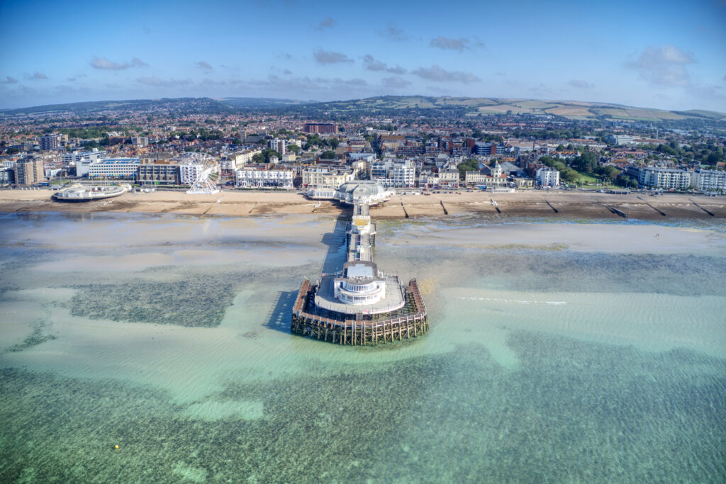Aerial photo of Worthing Pier an impressive Victorian structure on the seafront of this popular West Sussex resort