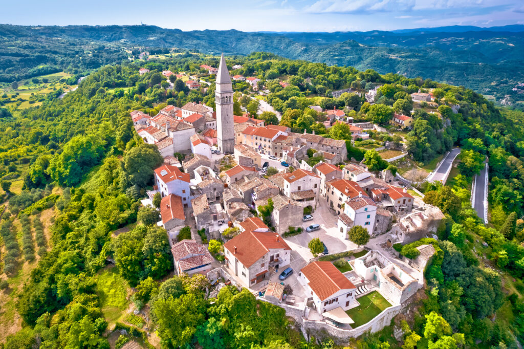Town of Pican on picturesque hill aerial view, Istria region of Croatia