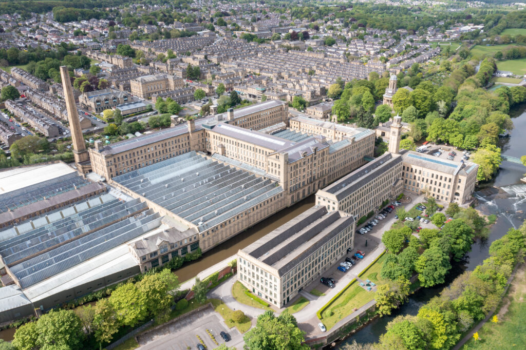 Aerial drone photo of the historic town of Shipley in the City of Bradford, West Yorkshire, England