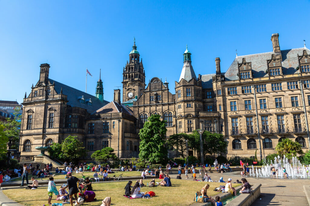 Sheffield Town Hall and Peace Gardens in Sheffield, South Yorkshire, UK