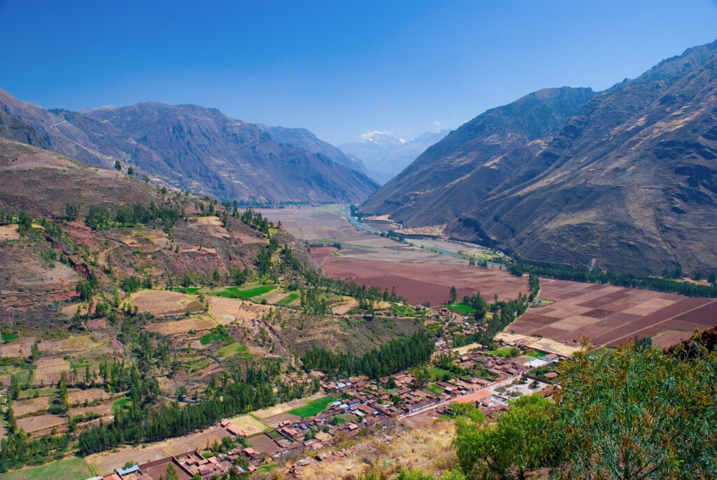 View of Village of Coya and the Urubamba river, Sacred Valley, Cusco, Peru