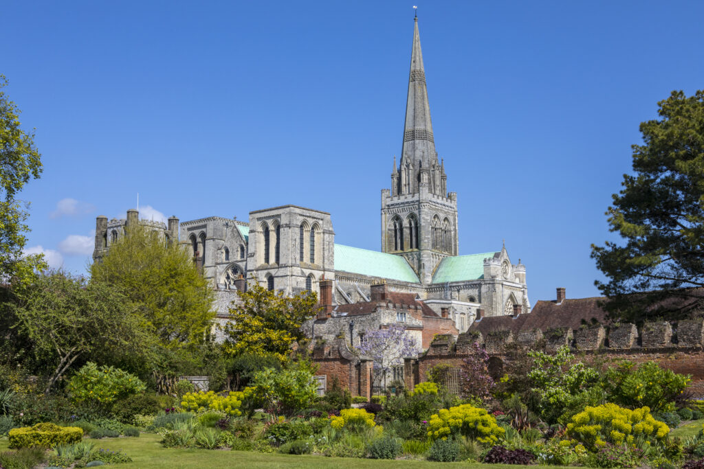 A beautiful view of Chichester Cathedral in the historic cathedral city of Chichester in West Sussex, UK