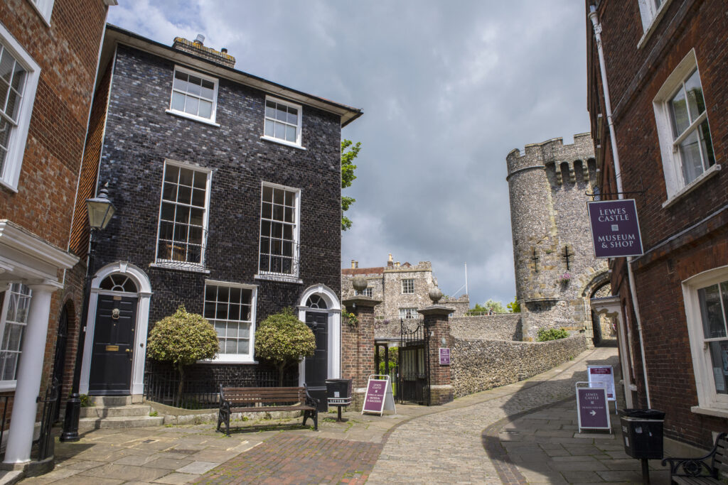A black-tiled Georgian House situated next to Lewes Castle in the historic town of Lewes in East Sussex, UK