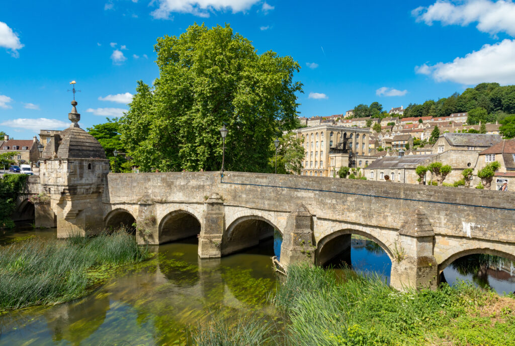View of Town Bridge, crossing the river Avon, with the town in the background