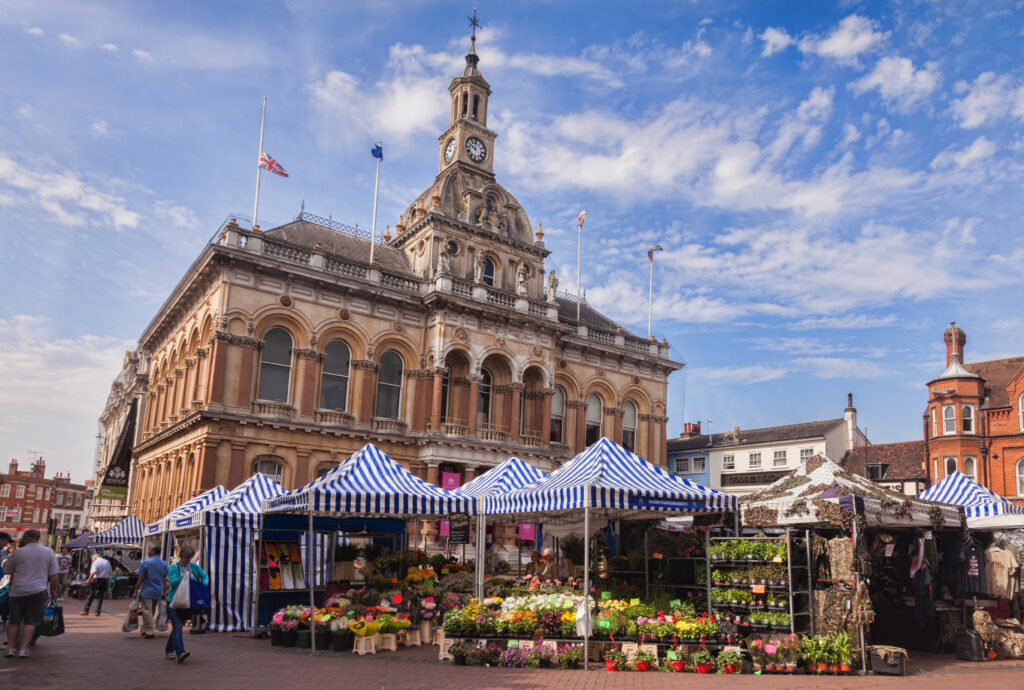 People shopping at Ipswich Corn Exchange and market