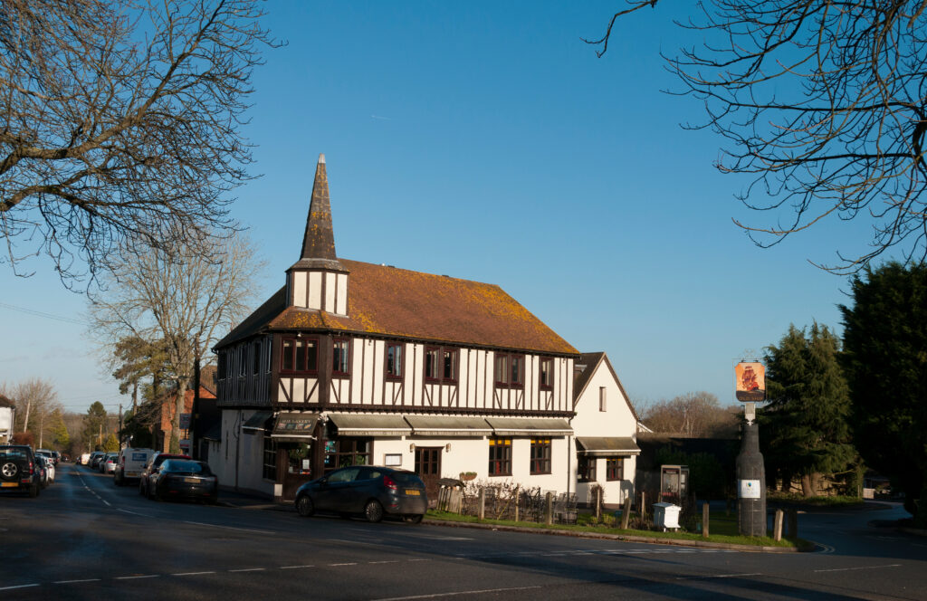 Tatsfield Village, Surrey, England:The historic Bakery, Restaurant, Brasserie and Bar in winter sunshine