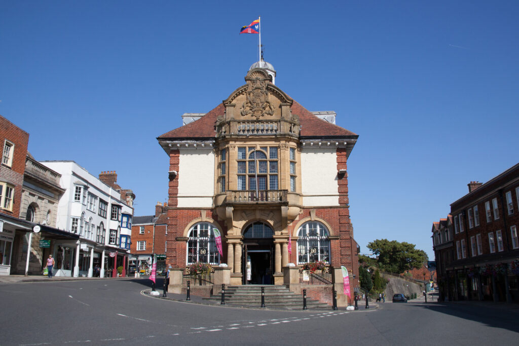 The town centre in Marlborough, Wiltshire, UK