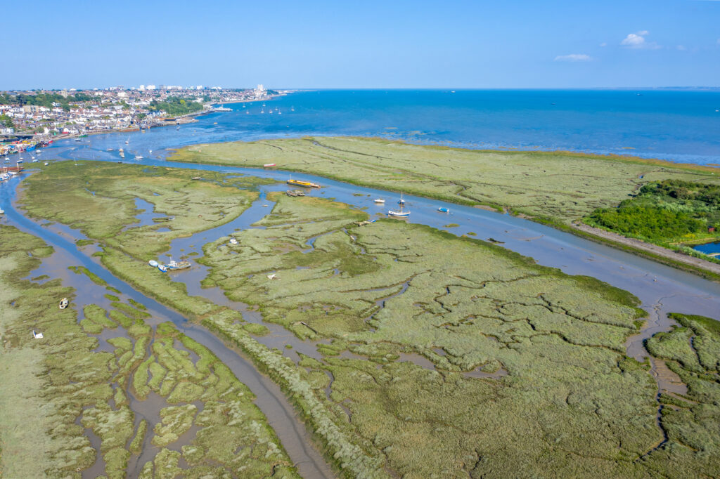 Leigh On Sea National Nature Reserve aerial view of Marshes in Essex 