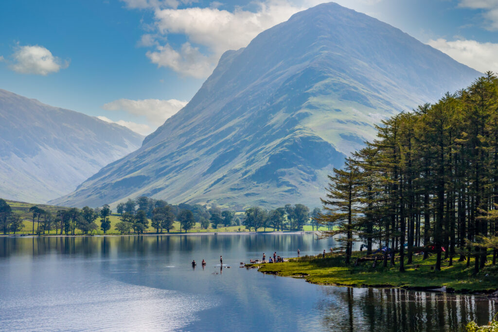 Beautiful lake of Buttermere surrounded by green hill in England's Lake District