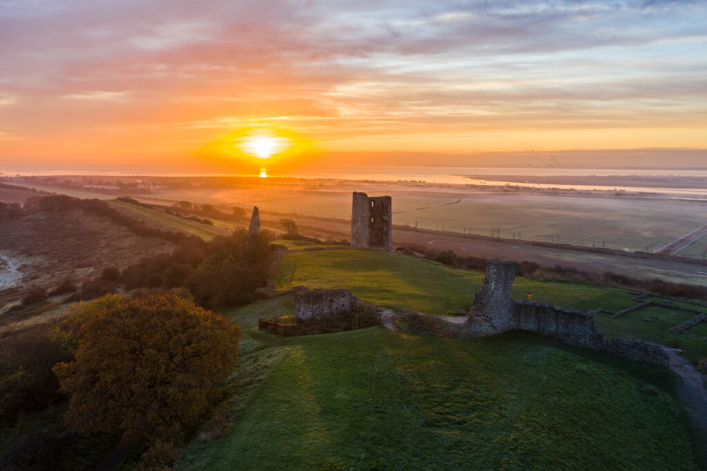 Ruins aerial view of Hadleigh castle at sunrise in Benfleet Essex, UK country side