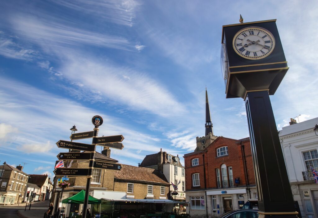 The clock tower in the market place in Stowmarket, Suffolk, UK