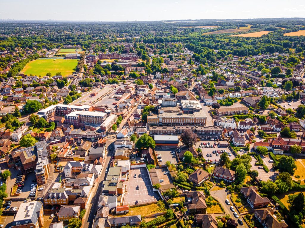 Aerial view of Leatherhead, a town in the Mole Valley District of Surrey, England