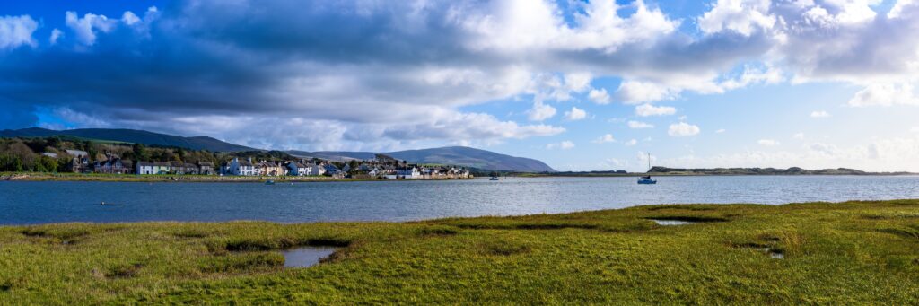 Panoramic view from Saltcoats across the River Mite estuary towards Ravenglass village