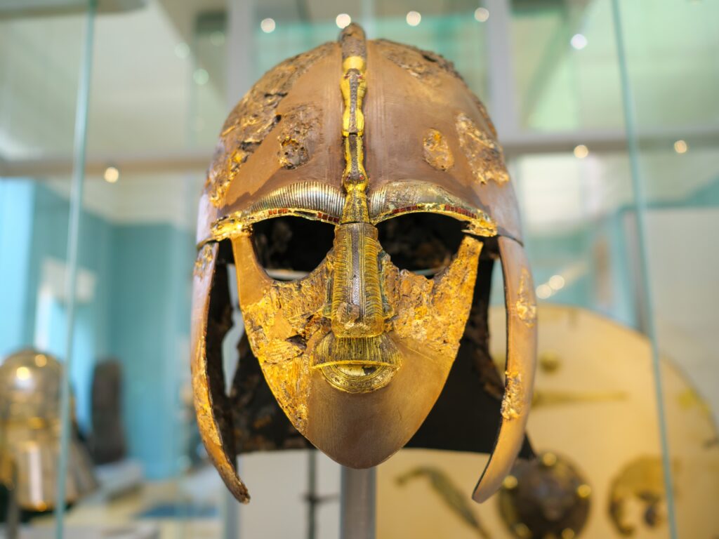 The Sutton Hoo helmet from Angle-Saxon ship burial in AD 600 in The British Museum