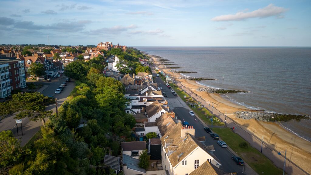 An aerial view of a seafront in the town of Felixstowe in Suffolk, England
