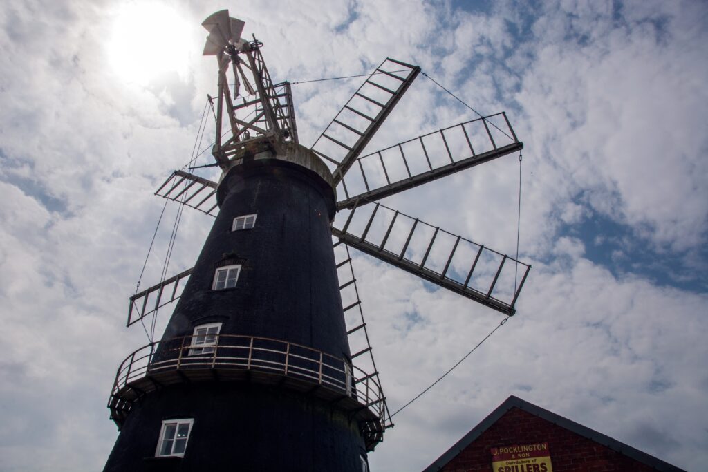 Back view of Heckington Windmill, the world's only working eight sailed windmill