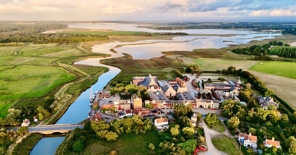 Drone view of Snape Maltings at sunset in Suffolk, England