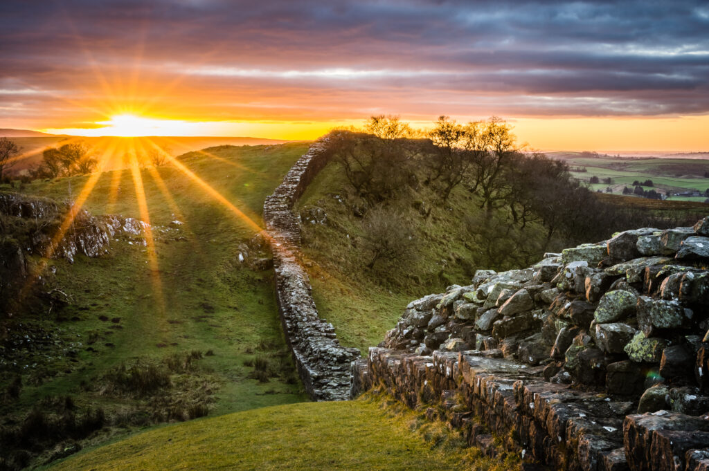 Hadrian's Wall looking west at sunset from Walltown Crags.