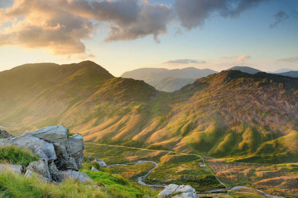 Late summer evening light over the Ennerdale Valley towards High Crag and Haystacks in the English Lake District