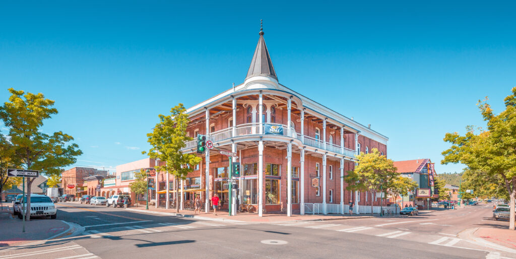 Beautiful view of the historic city center of Flagstaff on sunny day with blue sky in summer, northern Arizona, American Southwest, USA