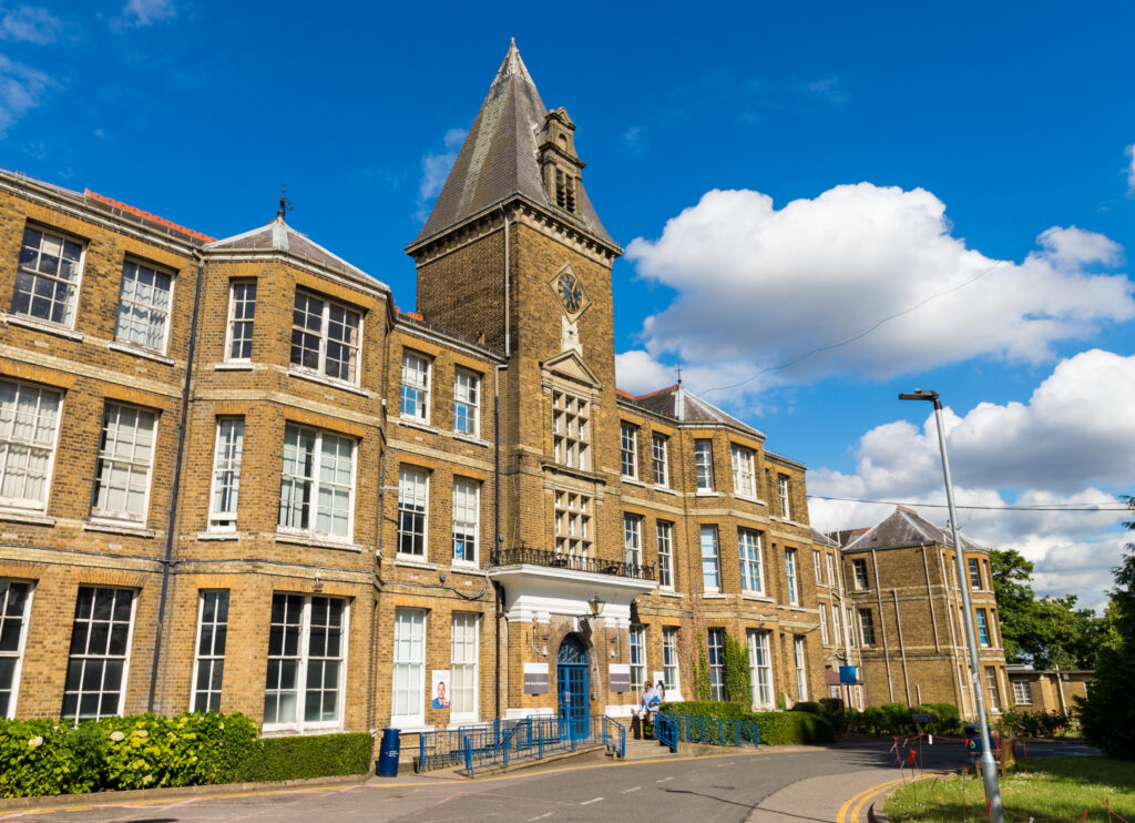 A front external view of Chase Farm hospital in Enfield london.