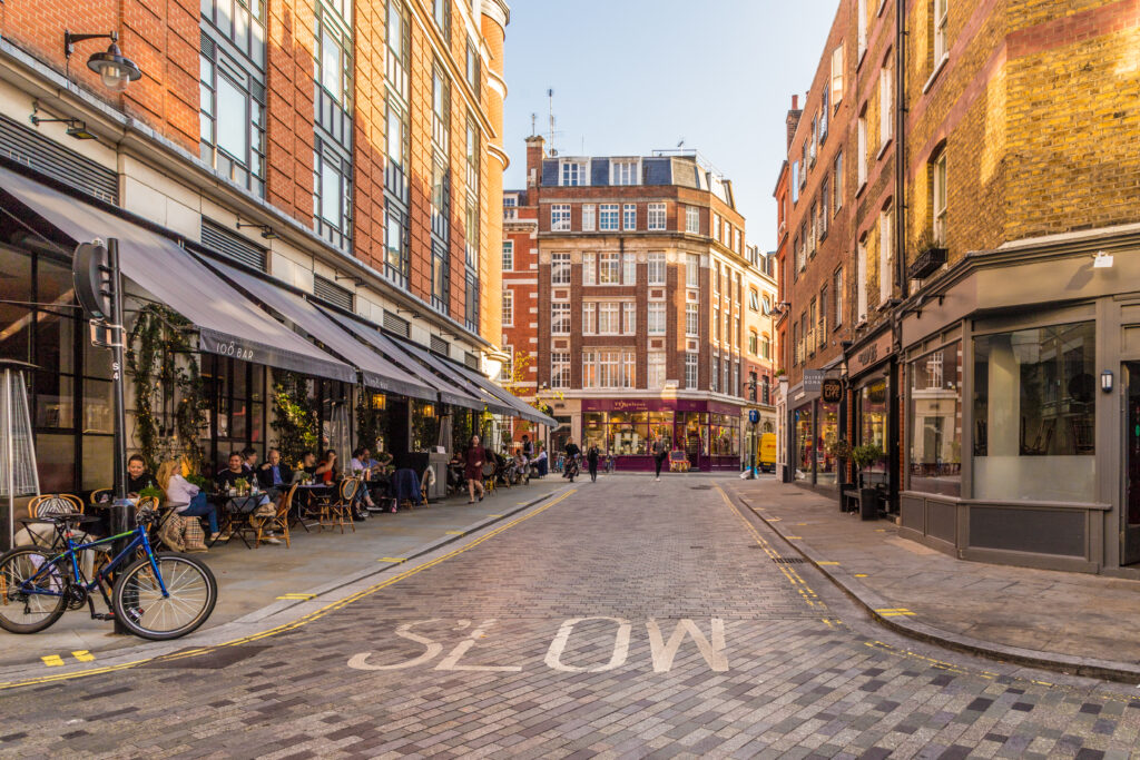 A view of a pedestrianised street in Marylebone in London