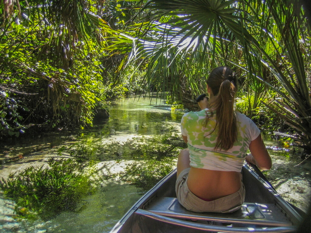 Young Woman Canoeing Down Juniper Run In The Ocala National Forest, Florida - Tropical and lush looking jungle canopy with crystal clear water