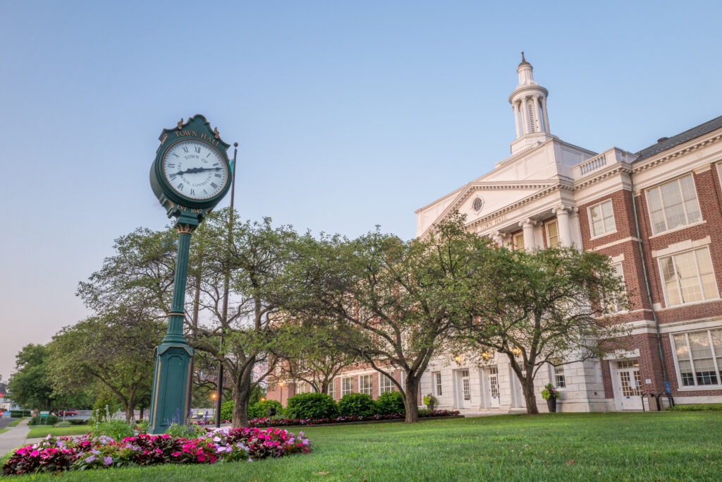 The Clock of the Greenwich City Hall, Connecticut during a summer evening.