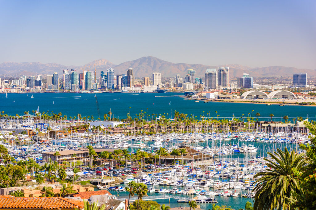 San Diego, California, USA cityscape over the bay.