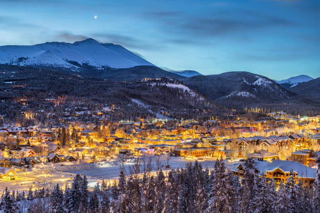 Breckenridge, Colorado, USA town skyline in winter at dawn.