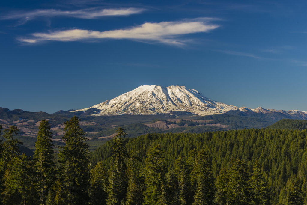 Mount St. Helens on a clear day against clear blue sky