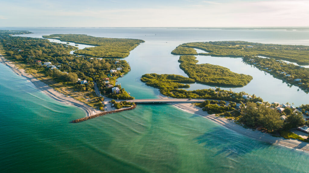 "Captiva, FL / USA: Stunning aerial view during sunrise of Captiva Island and Sanibel Island."