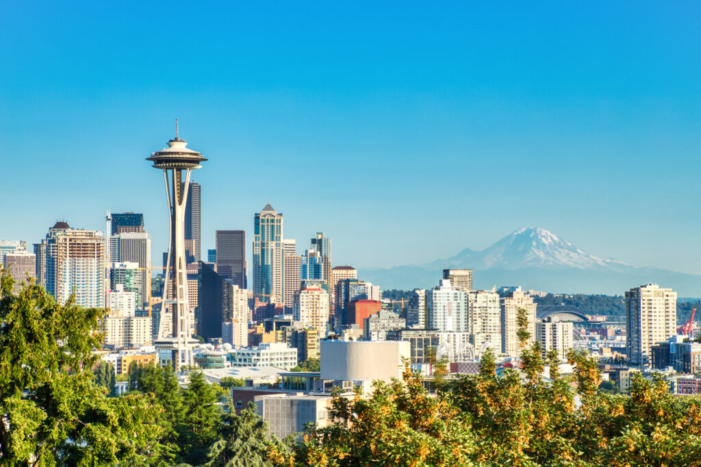 Seattle Cityscape with Mt. Rainier in the Background at Sunset, Washington, USA
