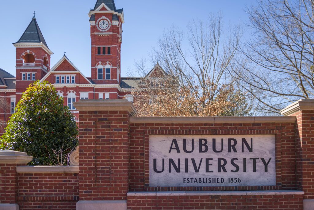 Auburn University campus sign and Samford Hall