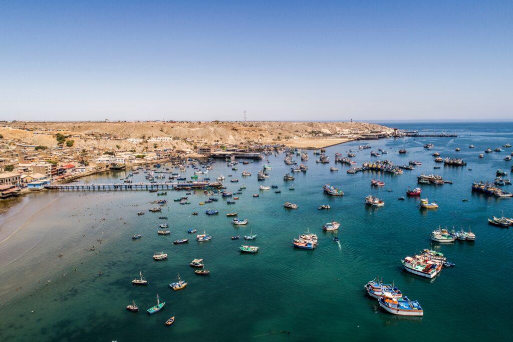 Paita, Piura, Peru: Aerial panoramic drone view of the Paita harbor