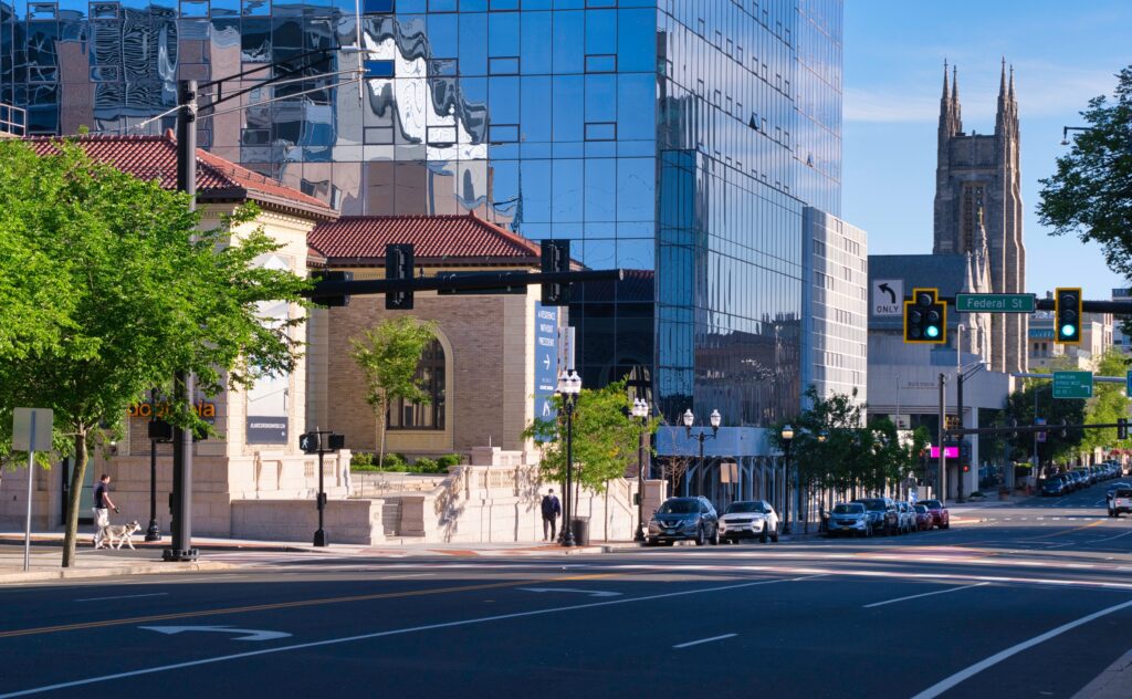 Stamford, Connecticut USA:Lower Atlantic Street in Downtown Stamford on a bright Summer morning.