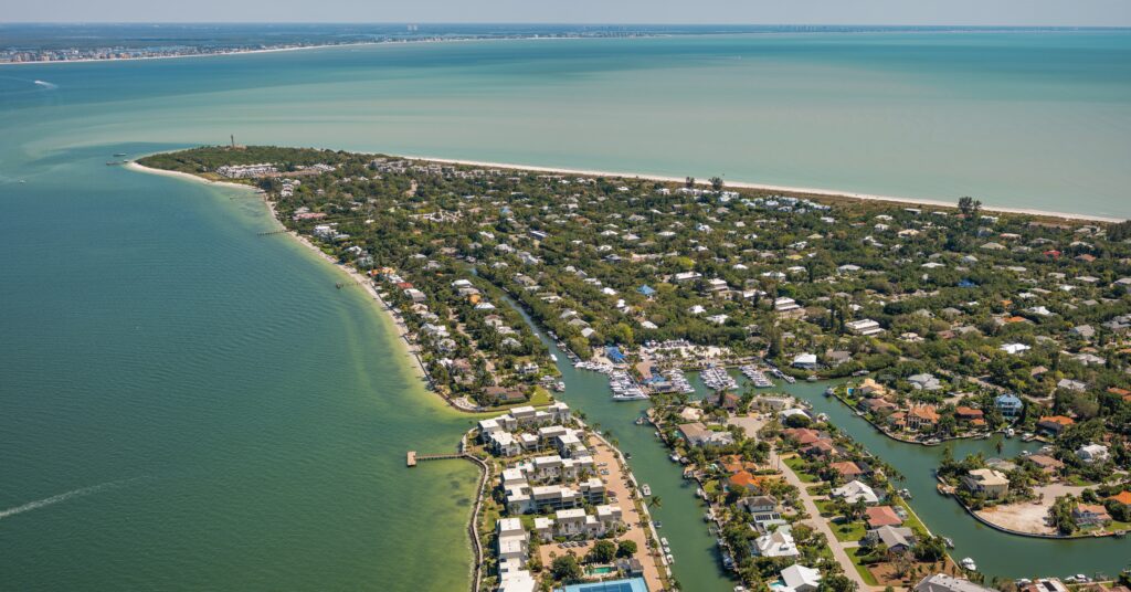 Aerial panorama of Sanibel Marina on Sanibel Island Florida