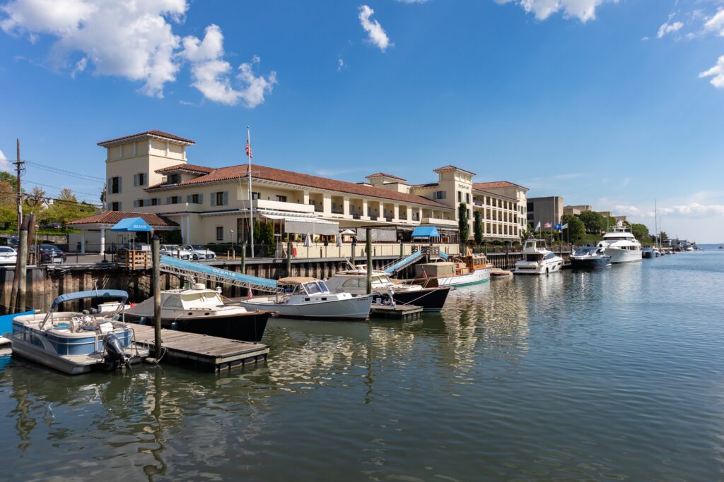 Greenwich, Connecticut USA: Greenwich Harbor and the Delamar Greenwich Harbor Hotel with Boats during the Summer in Greenwich Connecticut
