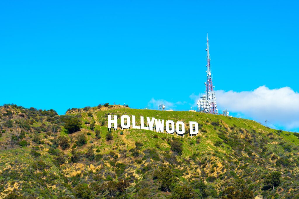 LOS ANGELES, CALIFORNIA: Hollywood sign on the green southern slope of Mount