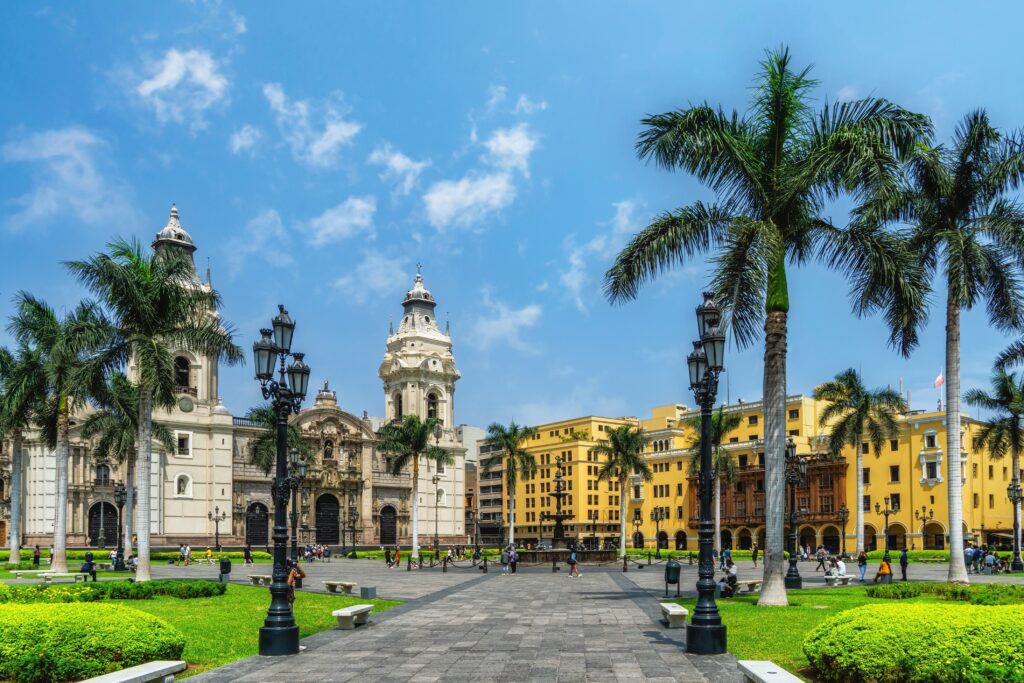Lima Peru. Plaza de Armas (Plaza Mayor) in the historic centre (Centro Historico), looking towards the Cathedral, Lima, Peru, South America