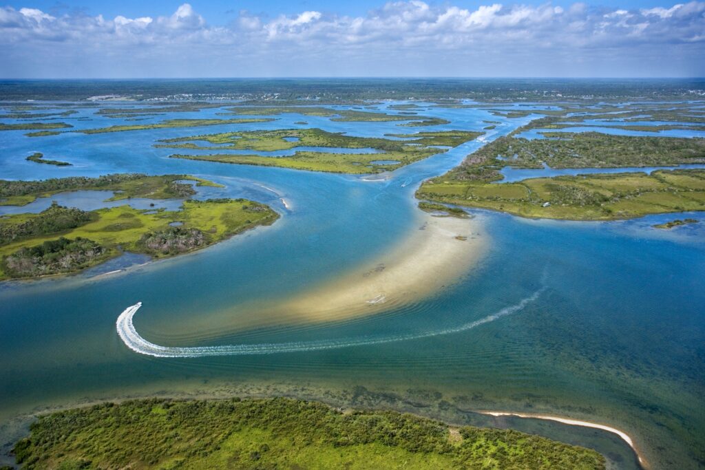 Aerial of wetlands at Cumberland Island National Seashore, Georgia.