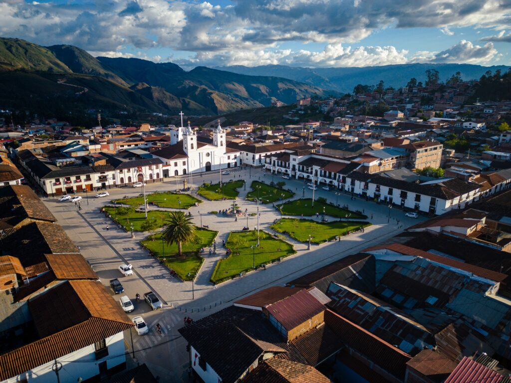 Chachapoyas, Peru: aerial view of Plaza de Armas - main square in the town of Chachapoyas, Peru. Colonial architecture, beautiful cathedral.