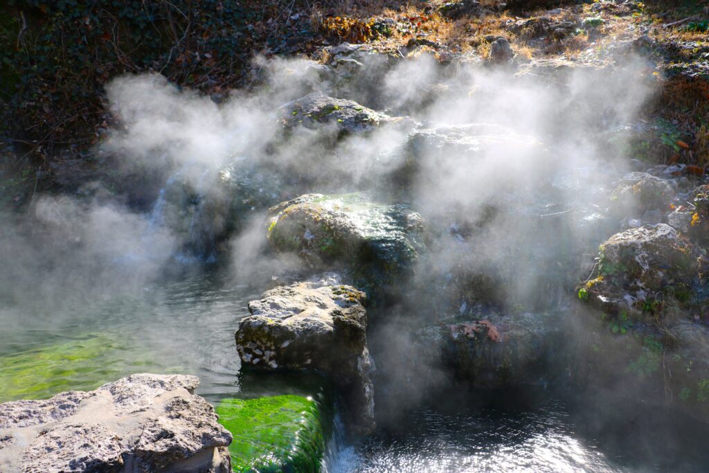 Steaming hot springs on a cold winter morning at Hot Springs National Park.