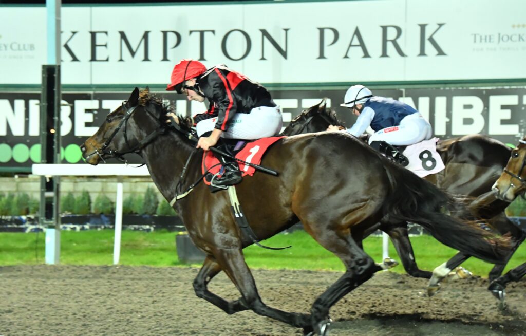 Horse racing events in the UK. Lovealot Bear (red cap), ridden by Finley Marsh, wins the 17.30 at Kempton Park Racecourse, UK. Credit: Paul Blake