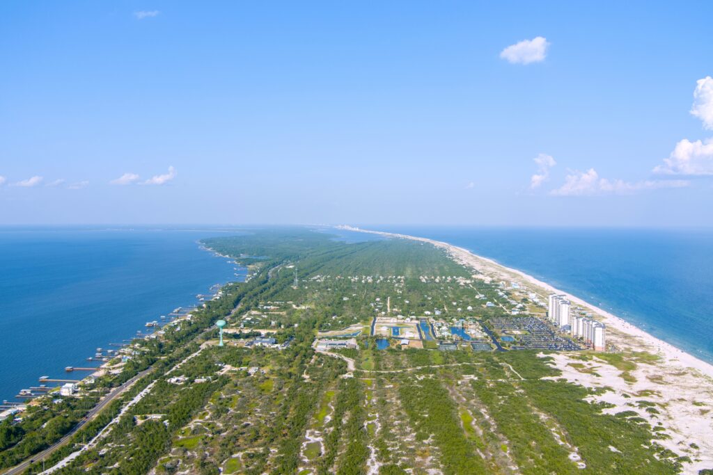 Aerial view of Fort Morgan Beach in July