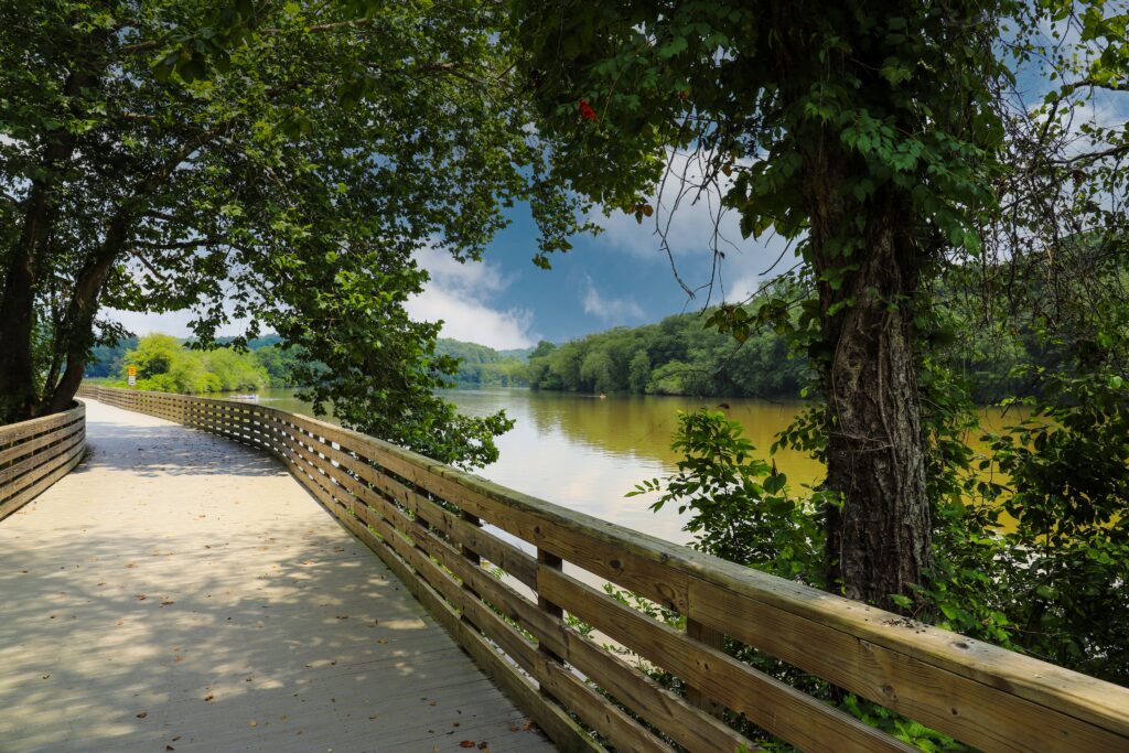 a long winding boardwalk along the Chattahoochee river with a wooden rail along the sides, still river water, green trees with blue sky and clouds at Roswell Riverwalk Boardwalk in Roswell Georgia