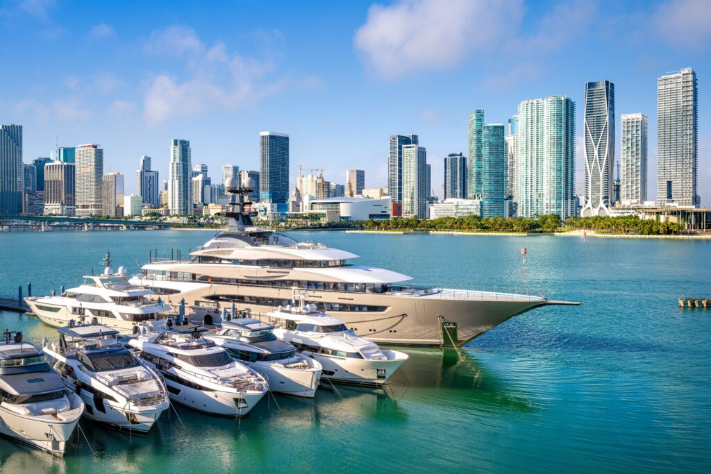the skyline of miami with a marina