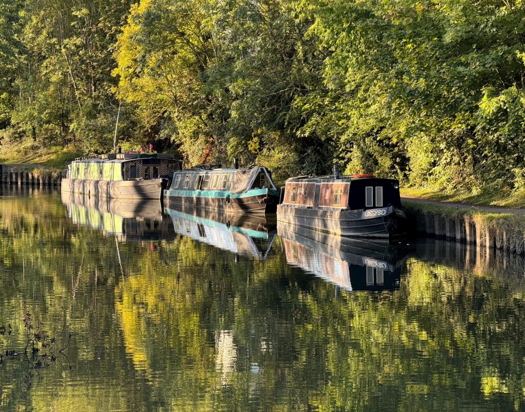 Three narrow boats moored in a line on the Grand Union Canal in Brentford, West London on a sunny day. The boats are moored on the towpath, under green trees. The scene is reflected in the water.